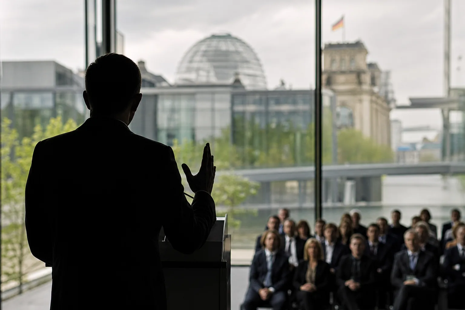 Symbolbild: Eine politische Rede vor Wirtschaftsvertretern steht für die Debatte über Sozialreformen.