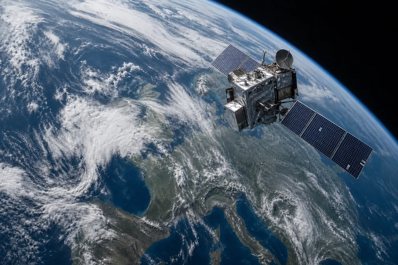 Symbolbild: Ein Wettersatellit beobachtet Europa aus dem All und liefert Daten für Vorhersagen.