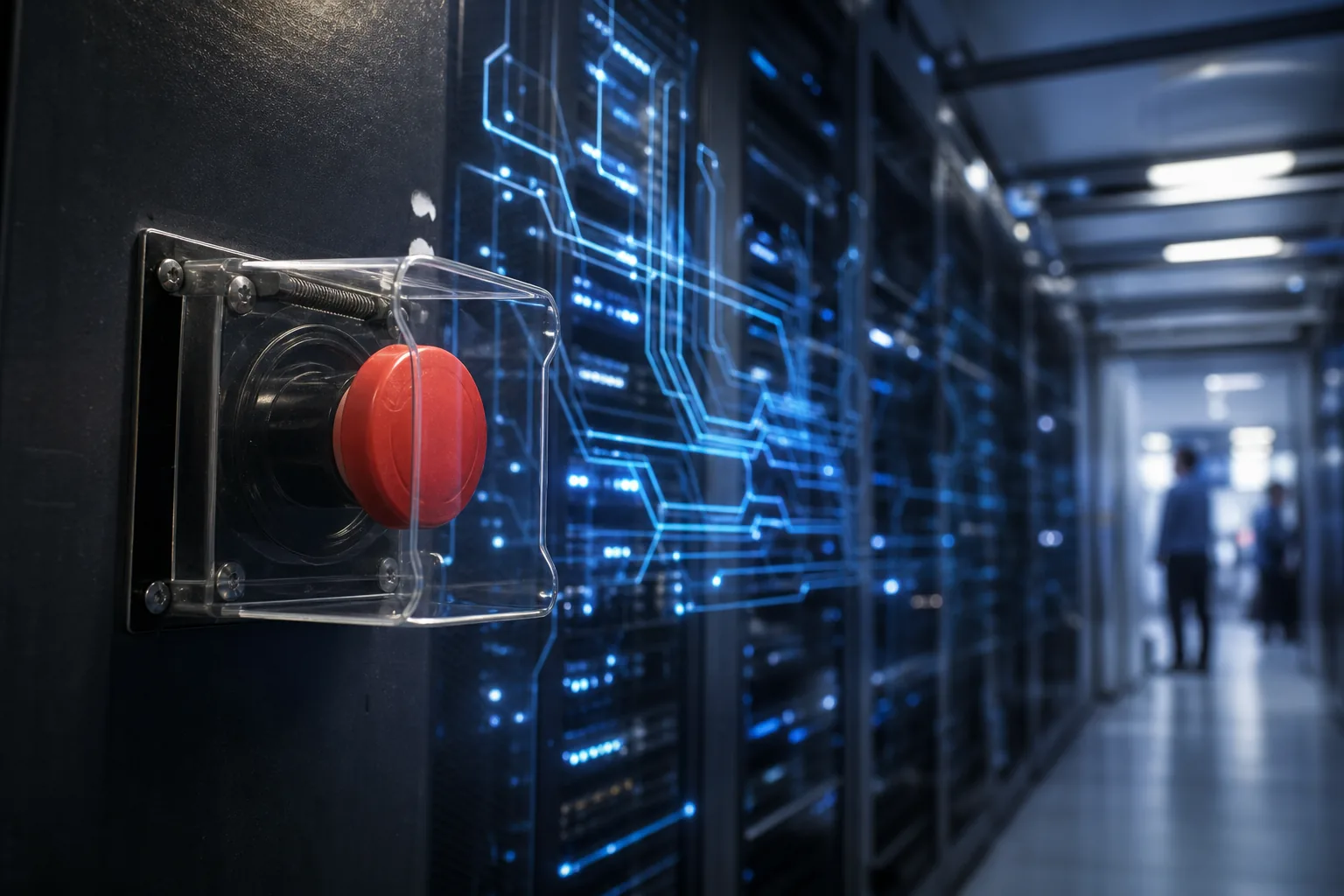 Symbolbild: Ein Notstopp-Schalter in einem Serverraum steht für die Debatte über kontrollierbare KI-Systeme.