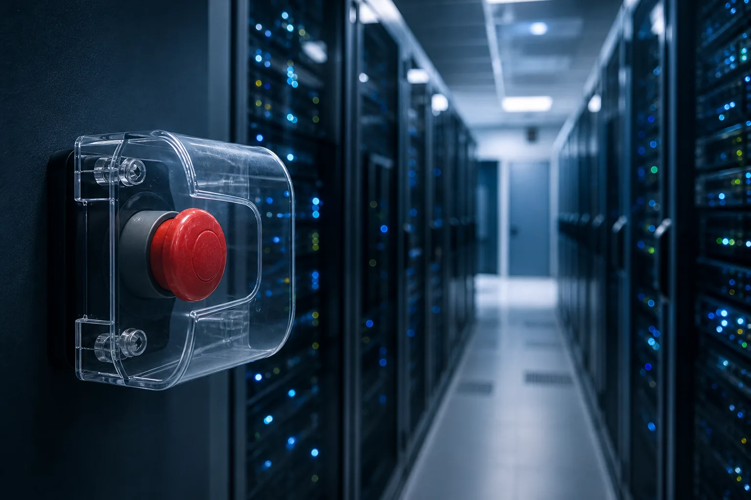 Symbolbild: Ein Notaus-Schalter in einer Serverumgebung steht für die Debatte über Kontrolle und Sicherheitsregeln bei KI-Systemen.