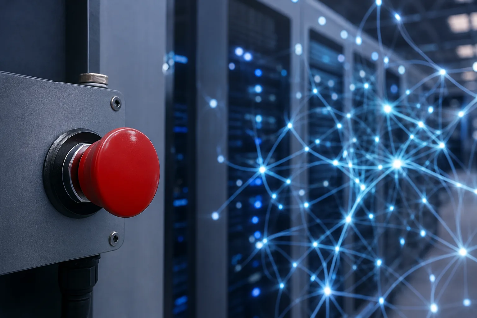 Symbolbild: Ein Notaus-Schalter in einem Serverraum steht für die Debatte über Kontrolle und Sicherheitsregeln bei Künstlicher Intelligenz.