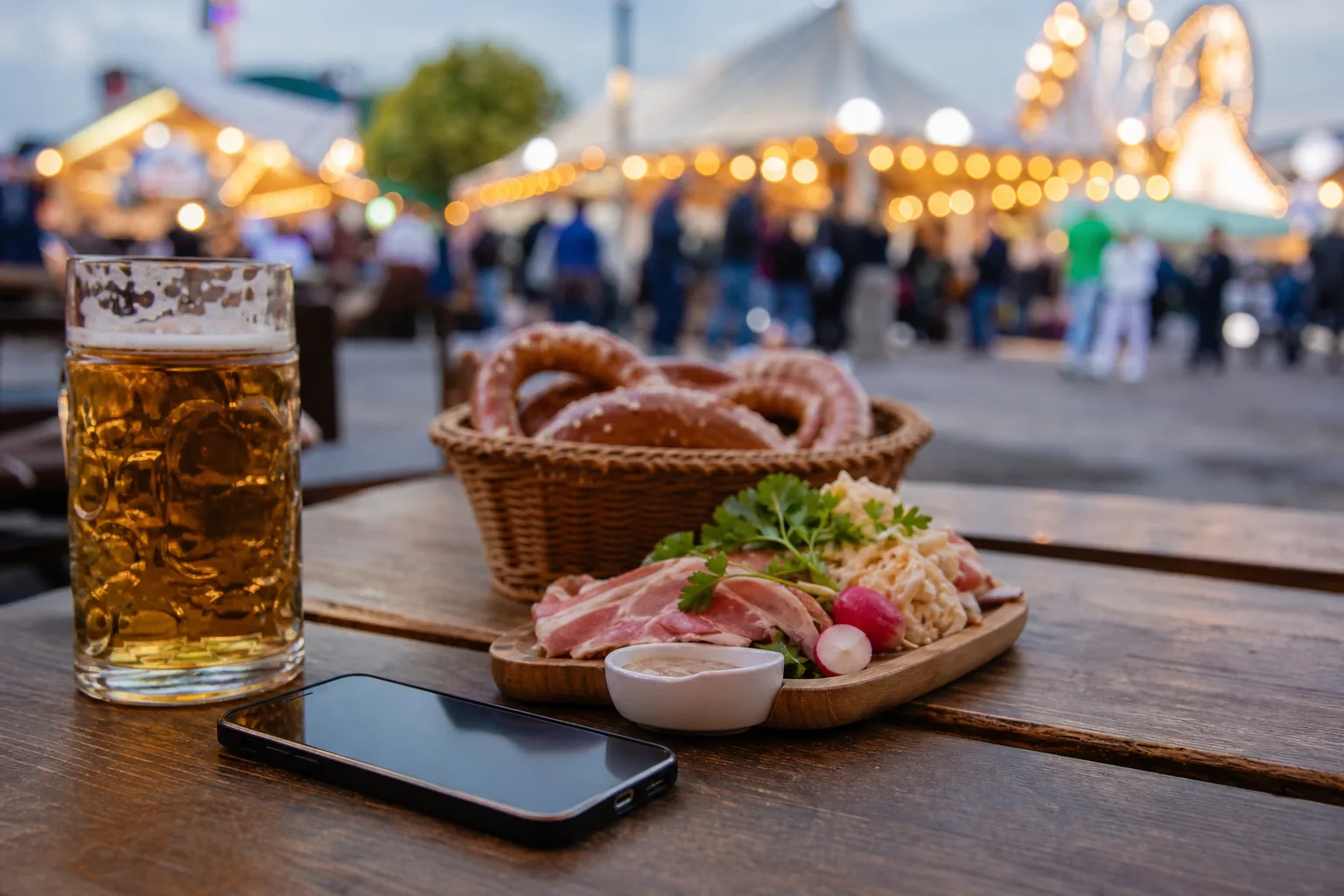 Symbolbild: Ein Smartphone und traditionelle Speisen stehen für die Debatten um Vermarktung und Wiesn-Kultur.