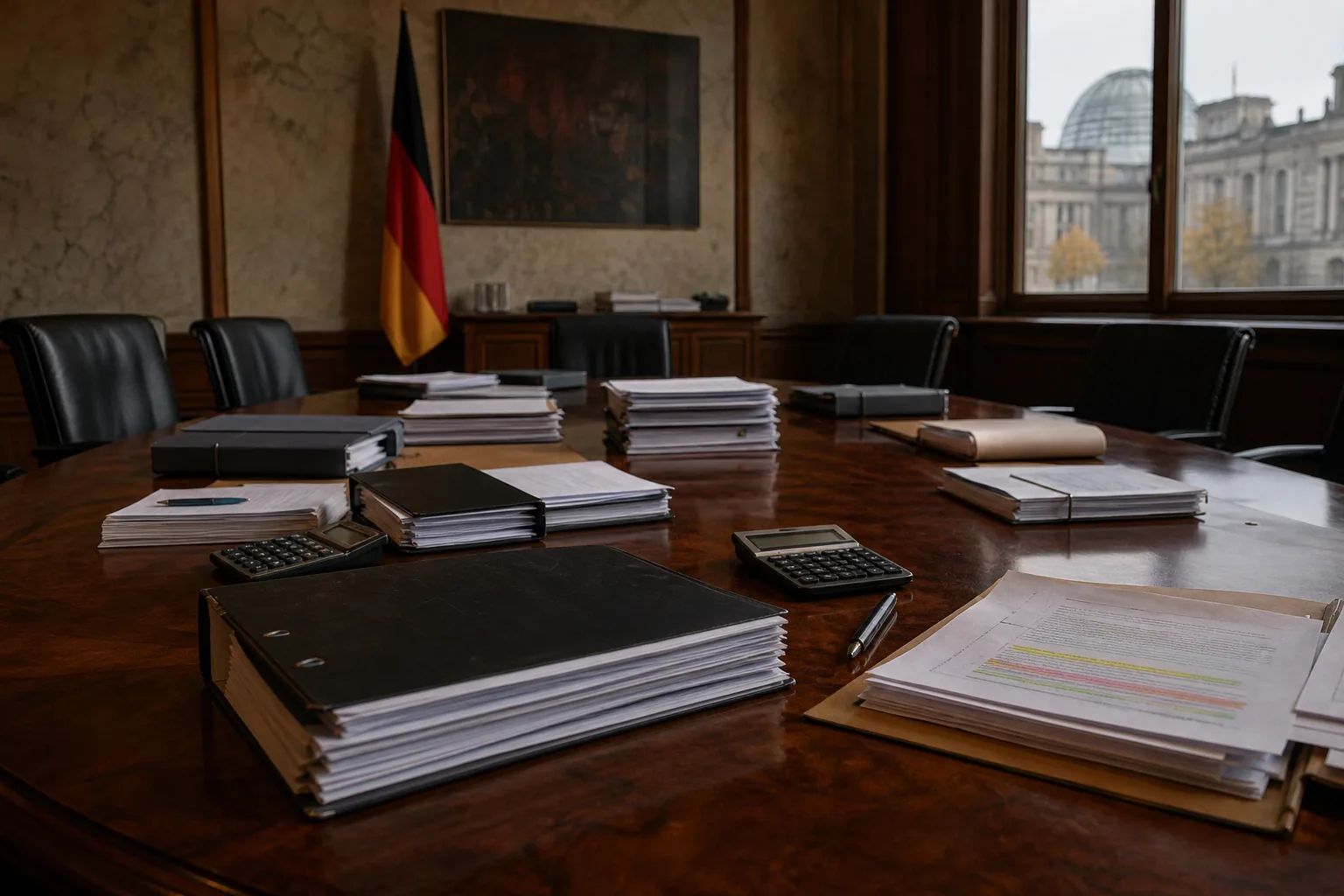 Symbolbild: Haushaltsunterlagen in einem Sitzungssaal stehen für die aktuellen Finanzkonflikte der Bundesregierung.