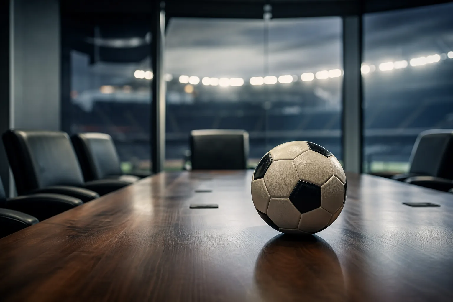 Symbolbild: Ein leerer Sitzungstisch mit Fußball steht für den Machtkampf in der internationalen Fußballpolitik.