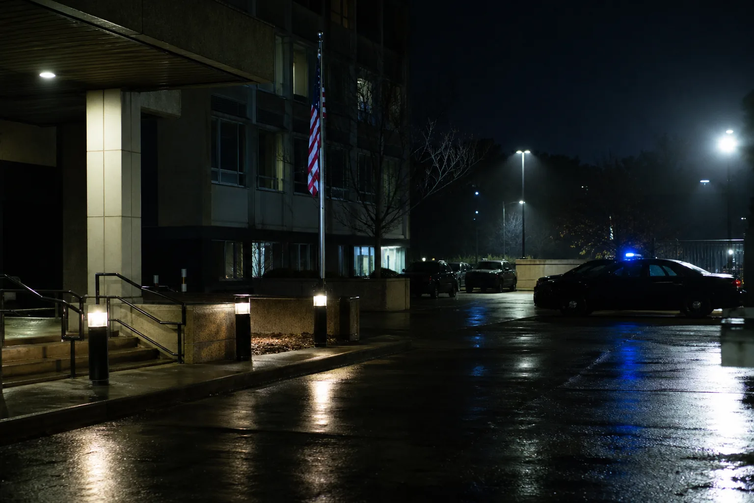 Symbolbild: Ein nächtliches Polizeirevier steht für die aufgeheizte Atmosphäre des neuen Ludwigshafener „Tatort“.