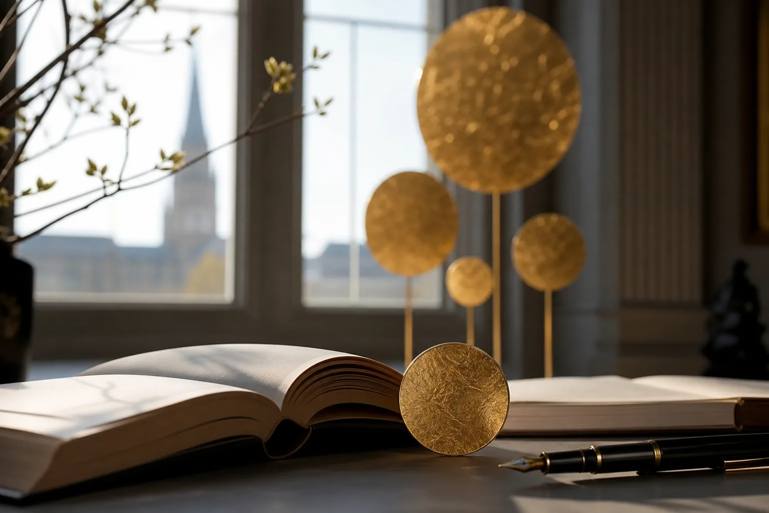 Symbolbild: Bücher und goldene Formen stehen für die Nobelwoche und die literarische Auszeichnung.