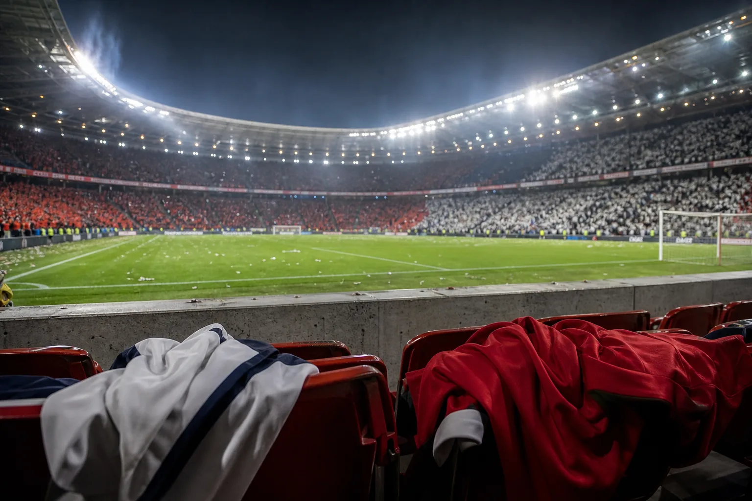 Symbolbild: Ein Fußballstadion unter Flutlicht nach einem turbulenten Abendspiel.
