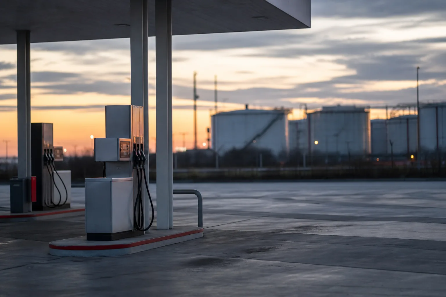 Symbolbild: Eine Tankstelle und Öltanks stehen für die Debatte über Energiepreise, Reserven und staatliche Eingriffe.