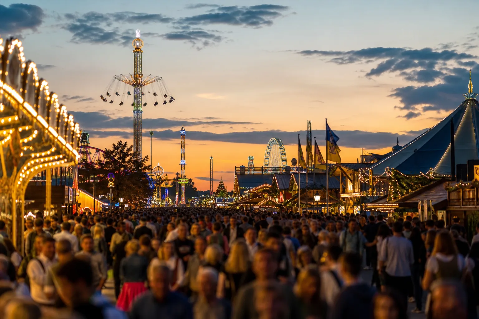 Symbolbild: Ein beleuchtetes Volksfestgelände mit anonymem Publikum steht für den Rekordandrang auf der Wiesn.