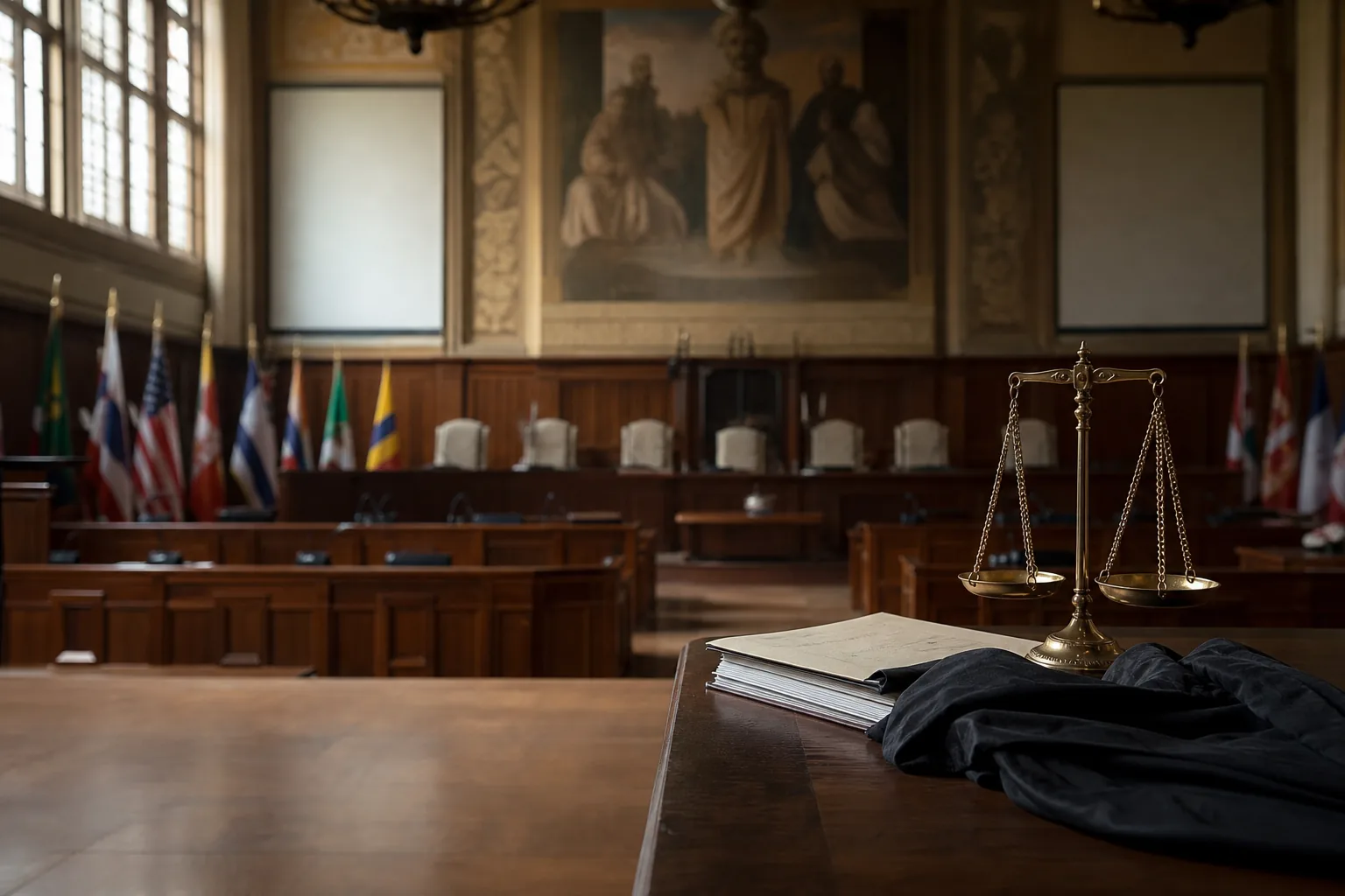 Symbolbild: Ein Gerichtssaal steht für internationale Strafjustiz und Völkerrecht.