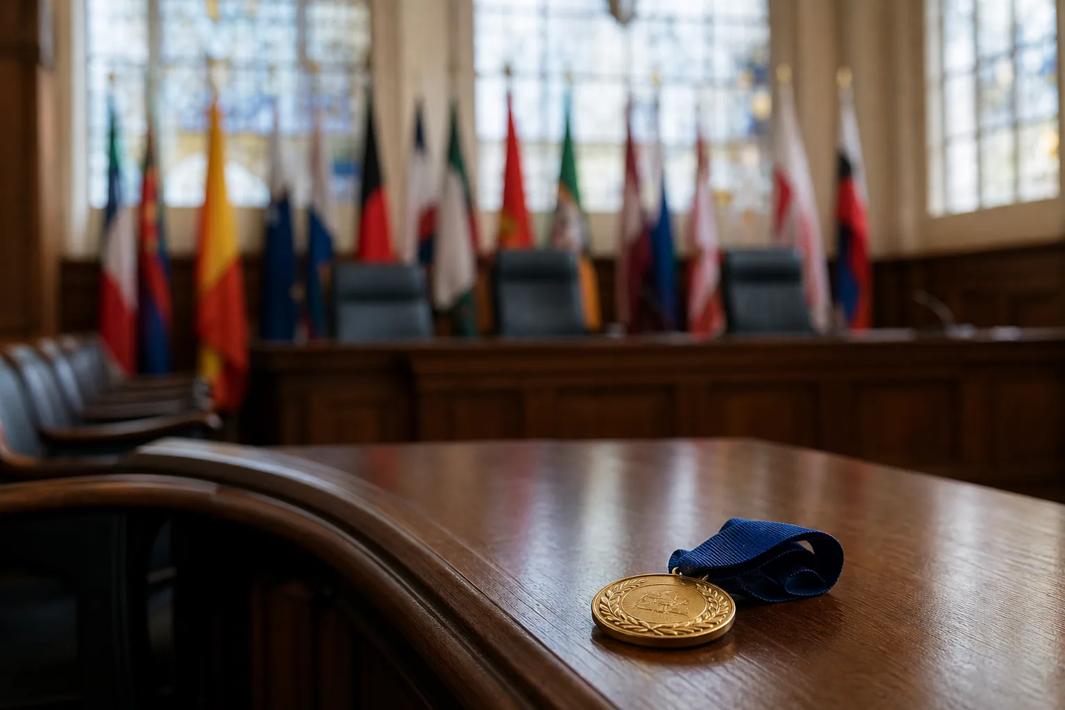Symbolbild: Ein leerer Gerichtssaal steht für Völkerrecht, Menschenrechte und die politische Debatte um den Friedensnobelpreis.