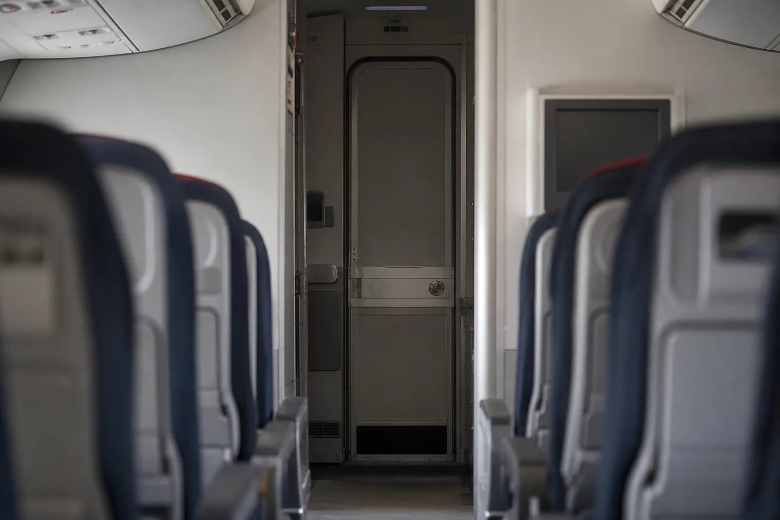 Symbolbild: Blick in eine Flugzeugkabine nahe der Cockpittür.