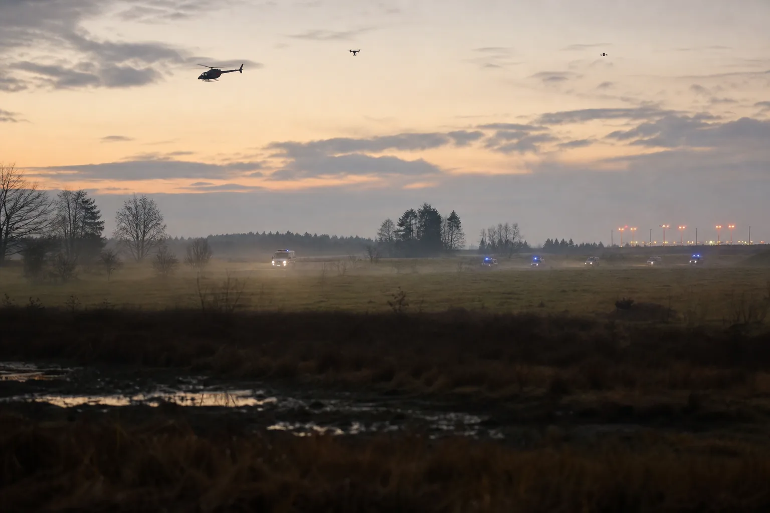 Symbolbild: Eine Suchaktion in einer Moorlandschaft nahe einem Flughafen.