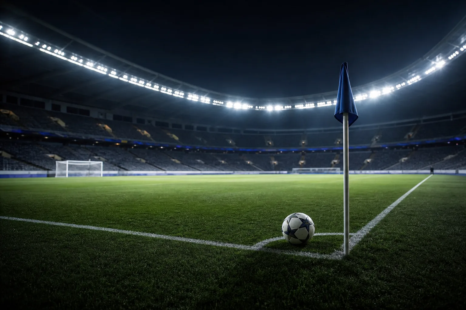 Symbolbild: Ein Fußball liegt nahe der Eckfahne in einem beleuchteten Stadion.