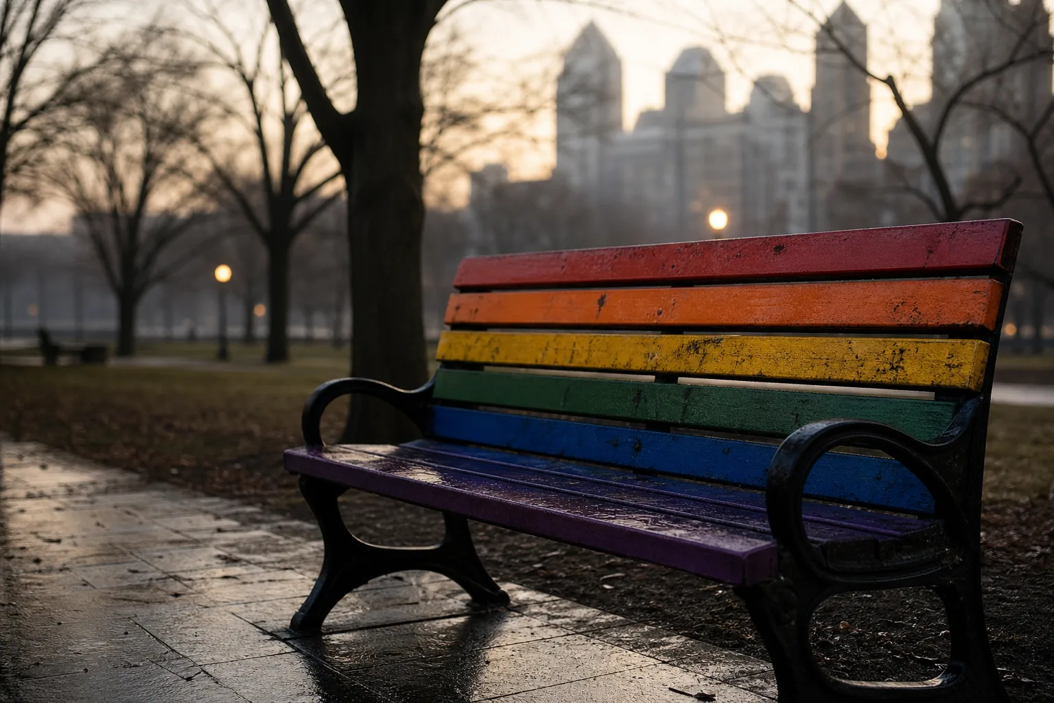 Symbolbild: Eine leere Regenbogenbank in einem Stadtpark steht für einen beschädigten Gedenkort.