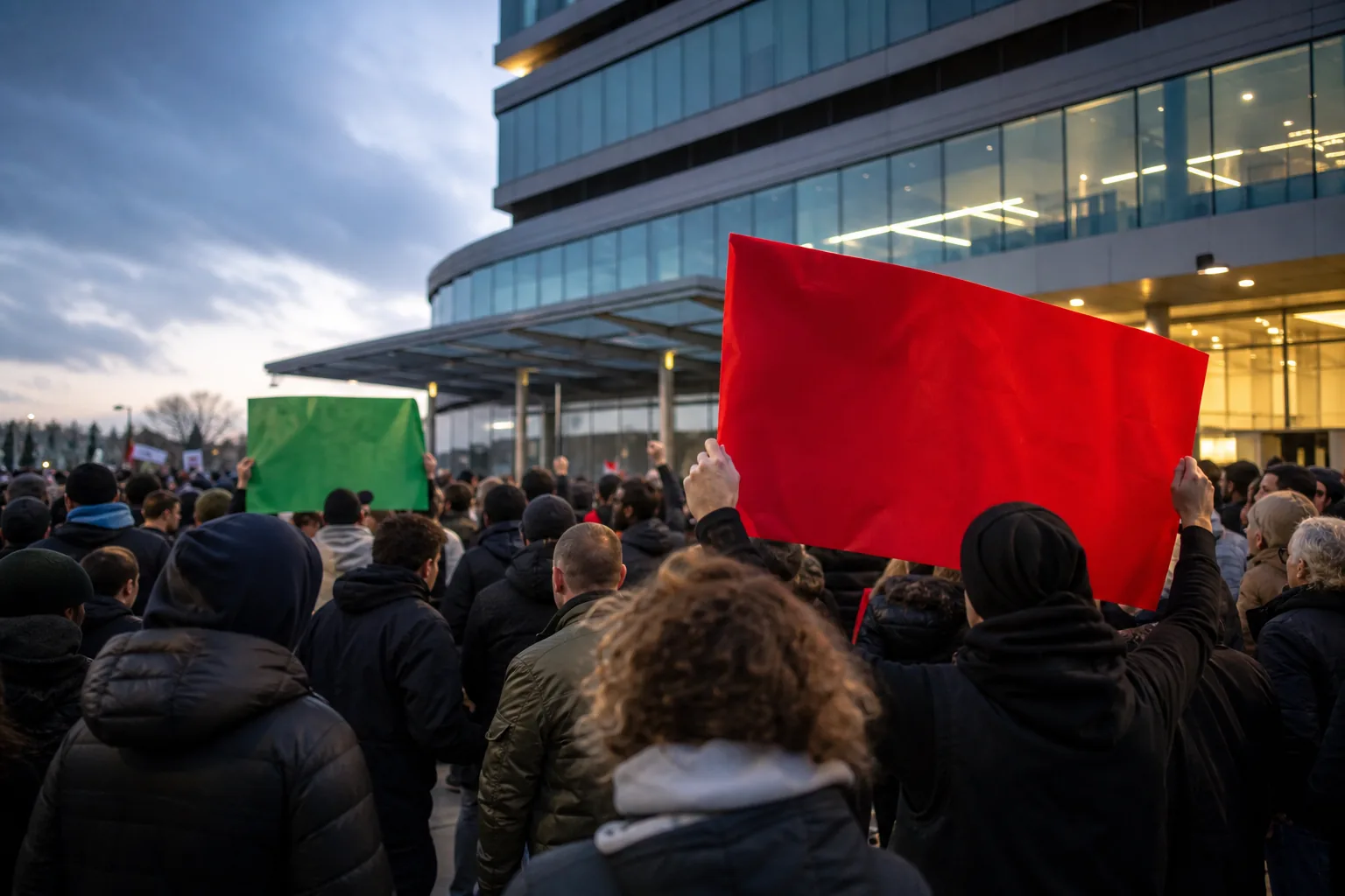 Symbolbild: Fußballfans mit neutralen Bannern vor einem modernen Verbandsgebäude.