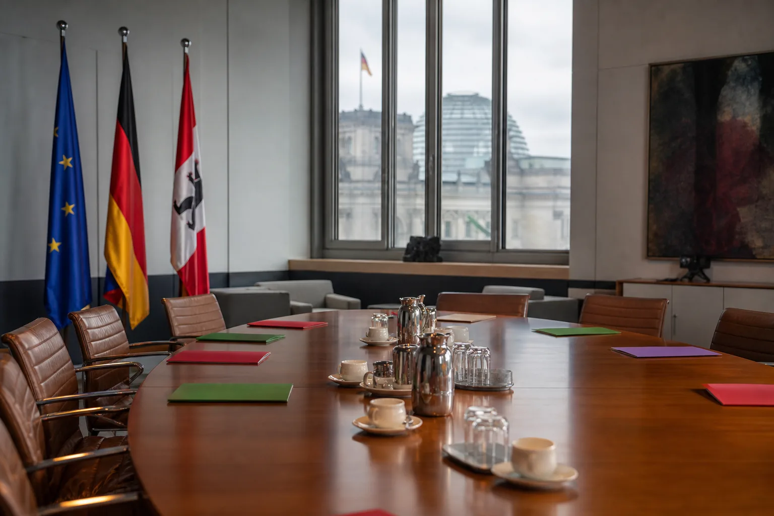 Symbolbild: Ein leerer Verhandlungstisch steht für die laufenden Gespräche über eine mögliche Berliner Koalition.