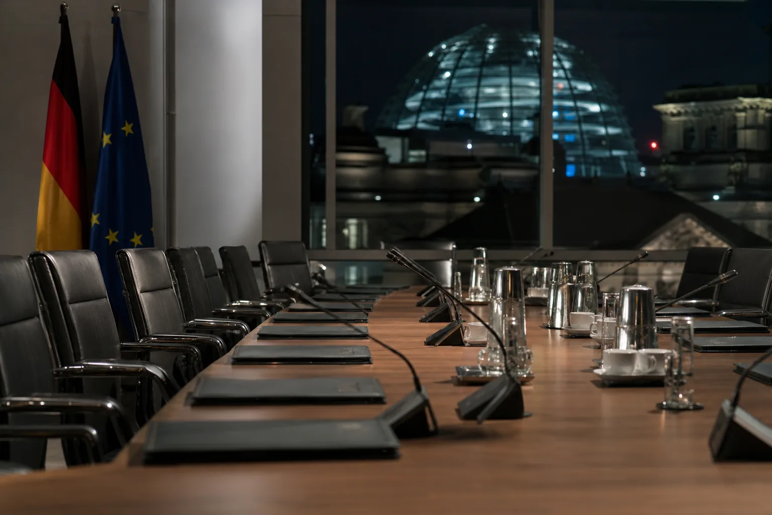 Symbolbild: Ein leerer Verhandlungstisch steht für die Gespräche zur Regierungsbildung in Berlin.