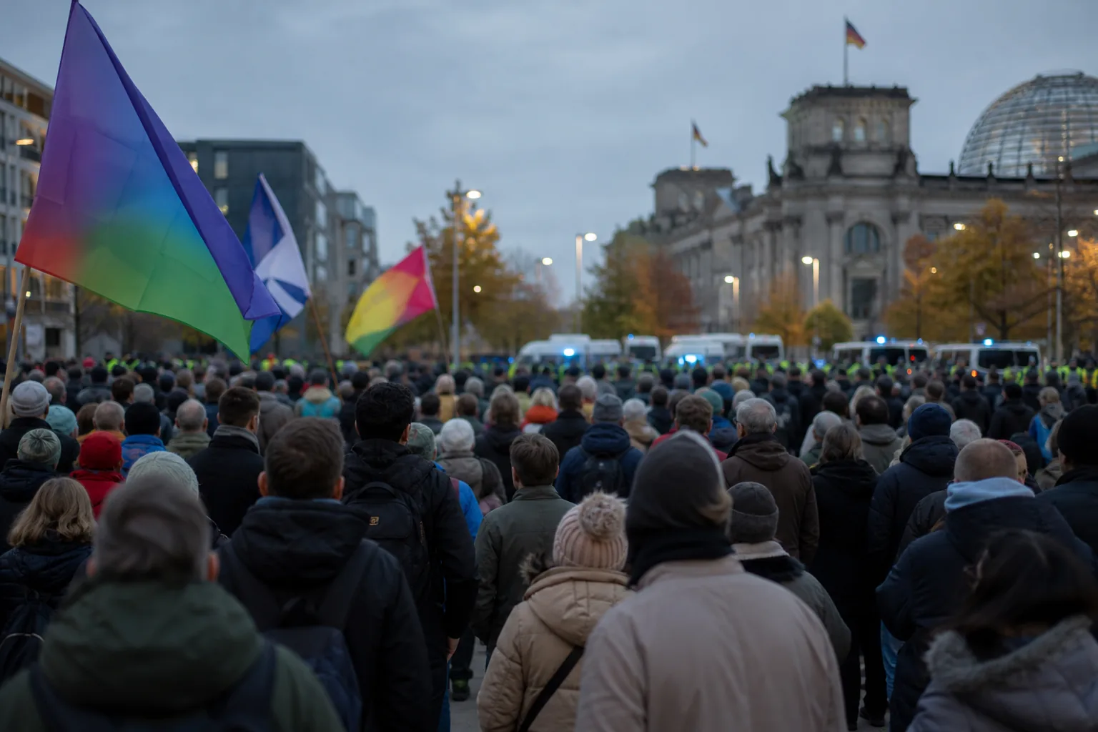 Symbolbild: Eine Demonstration in Berlin mit Polizeipräsenz vor Regierungsgebäuden.