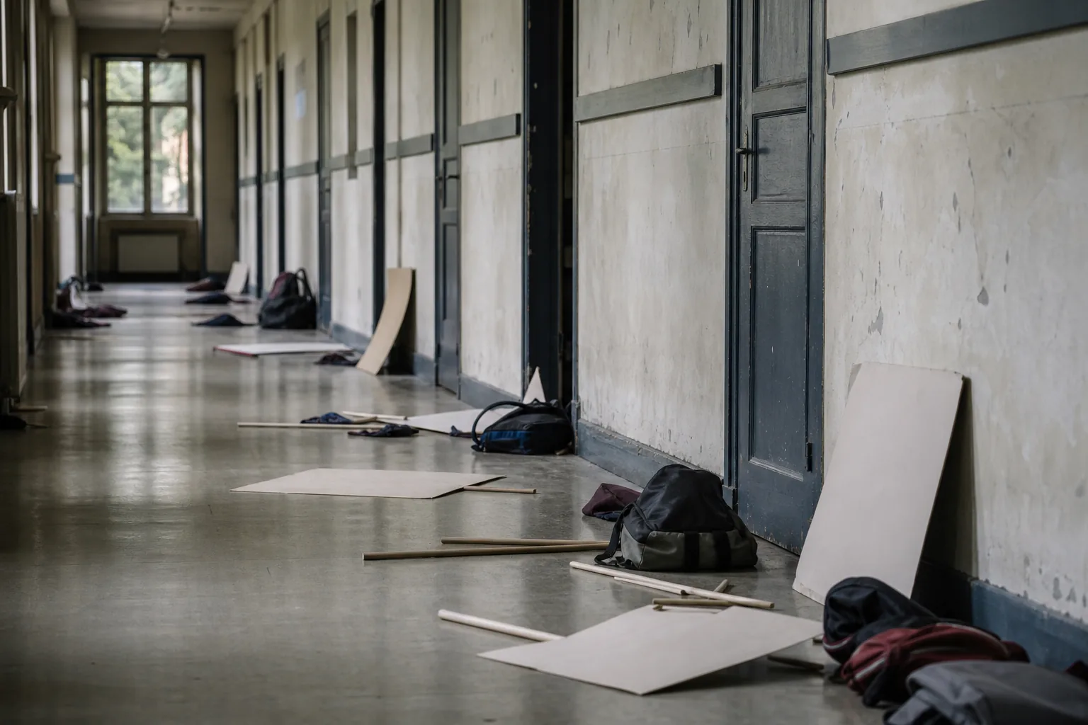 Symbolbild: Leere Schulflure und blanke Protestschilder stehen für den Streit um die Lage an Frankreichs Schulen.
