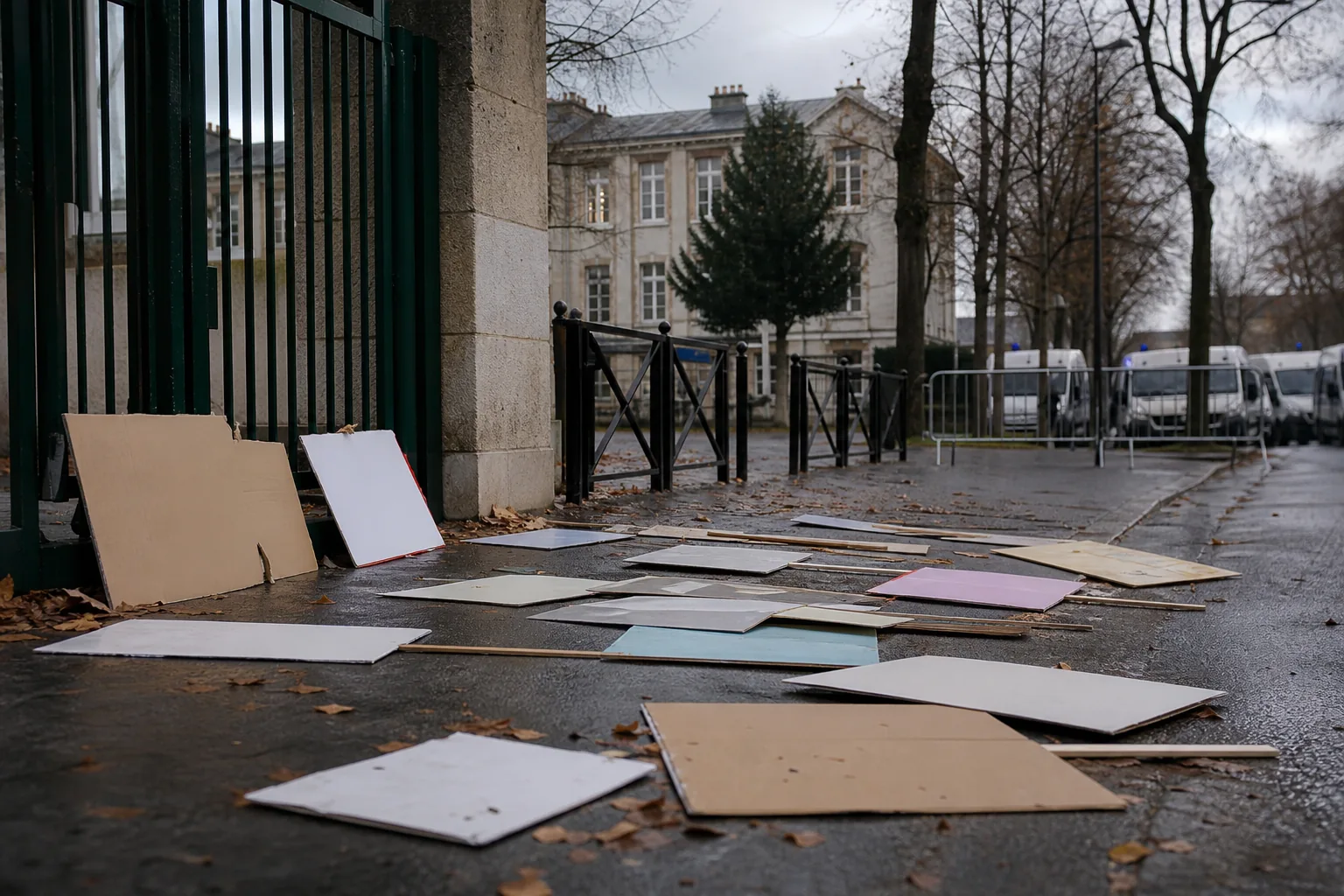 Symbolbild: Geschlossene Schule und Absperrungen in einer französischen Stadt während eines angespannten Protesttags.