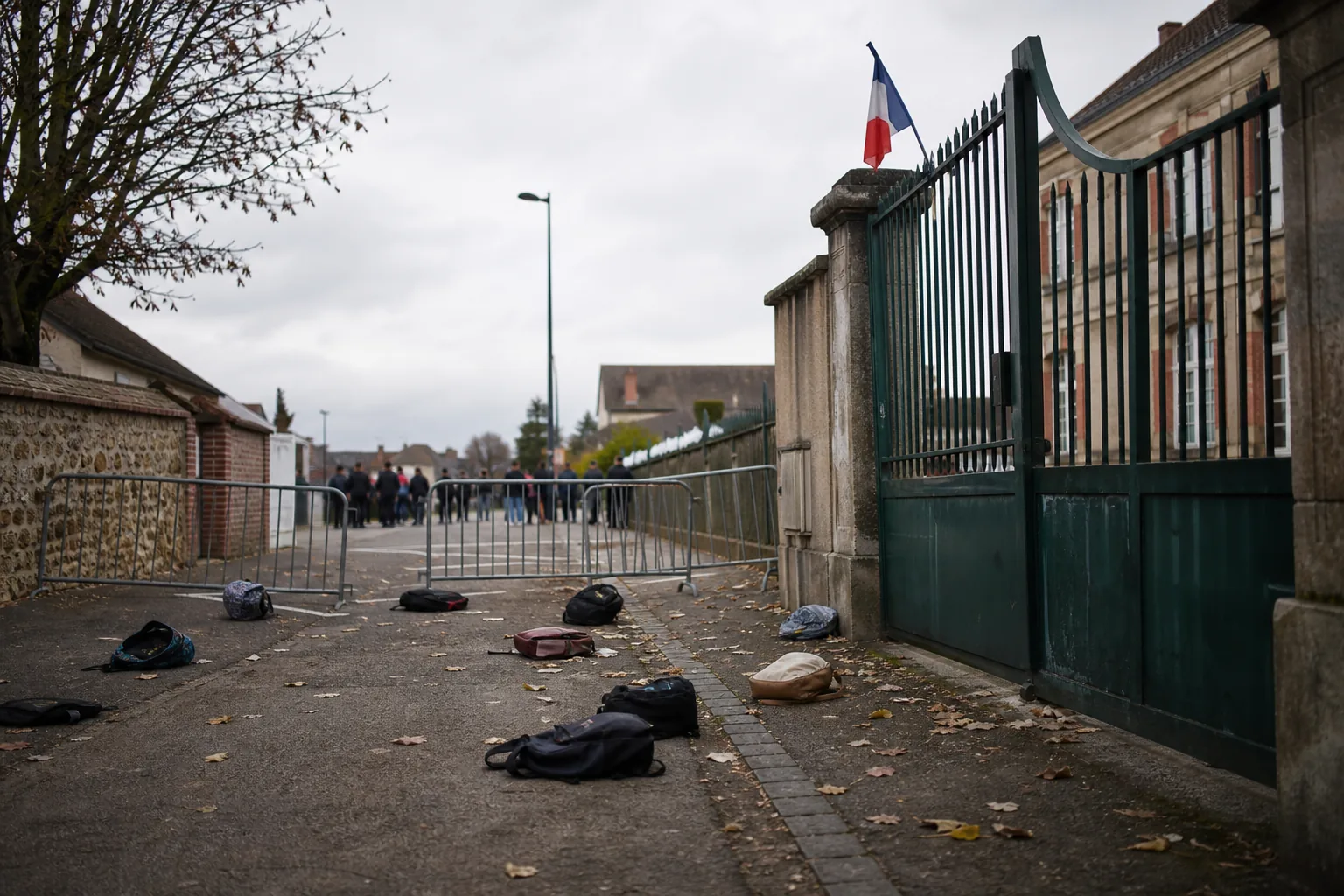 Symbolbild: Eine abgesperrte Straße vor einer Schule steht für die angespannten Proteste in Frankreich.