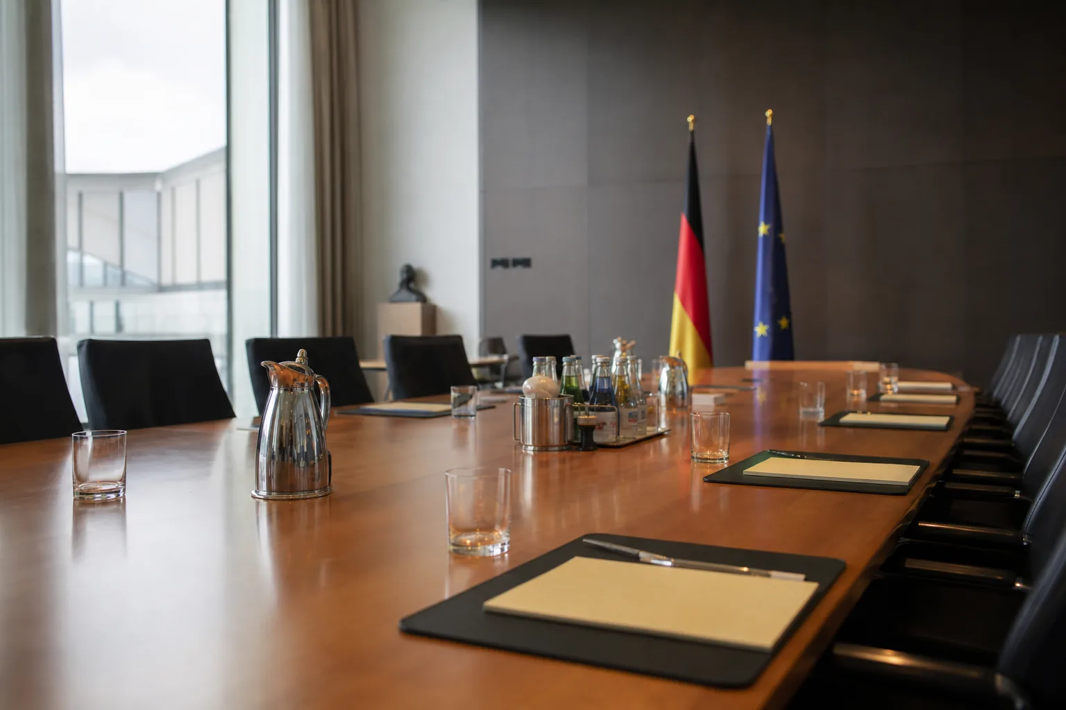 Symbolbild: Ein leerer Konferenztisch steht für die schwierigen Verhandlungen in der schwarz-roten Koalition.
