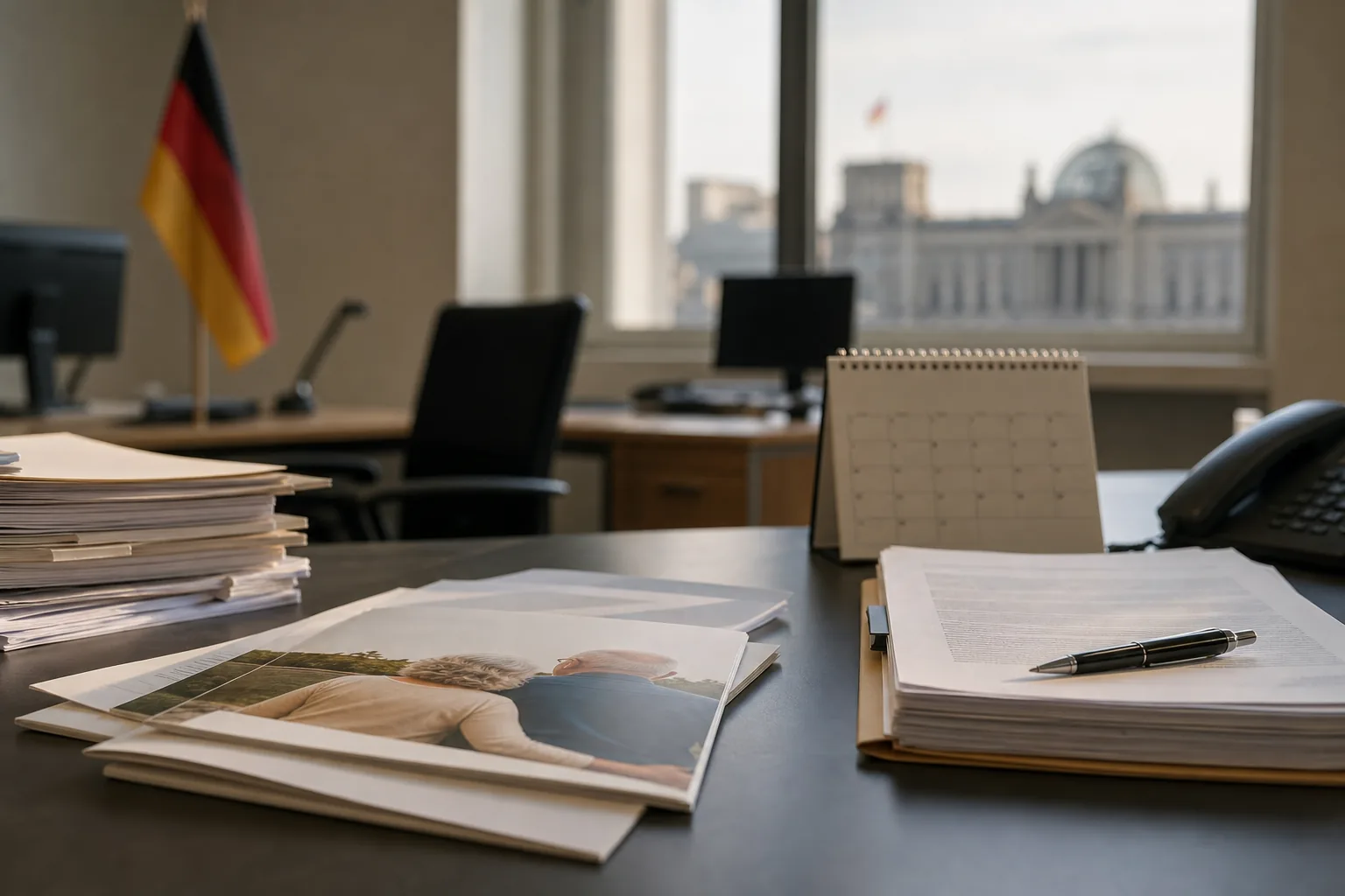 Symbolbild: Unterlagen zur Rentenpolitik liegen auf einem Schreibtisch in einem Regierungsbüro.