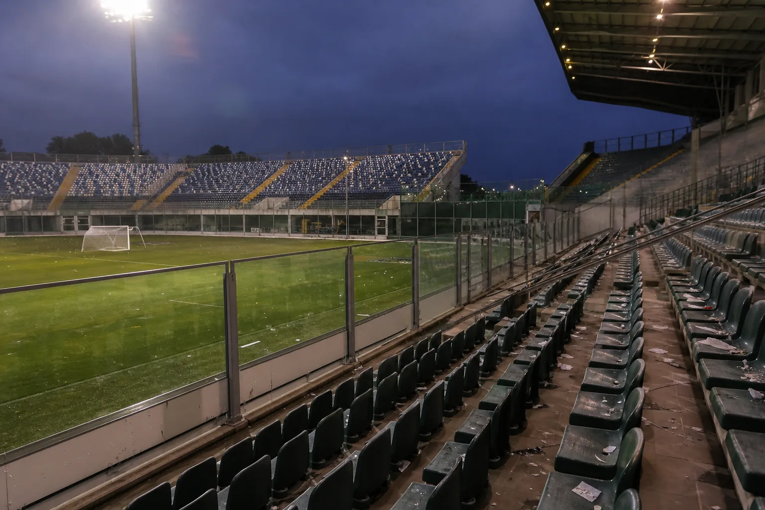Symbolbild: Leere Stadionränge mit Sicherheitsabsperrungen nach einem Fußballspiel.