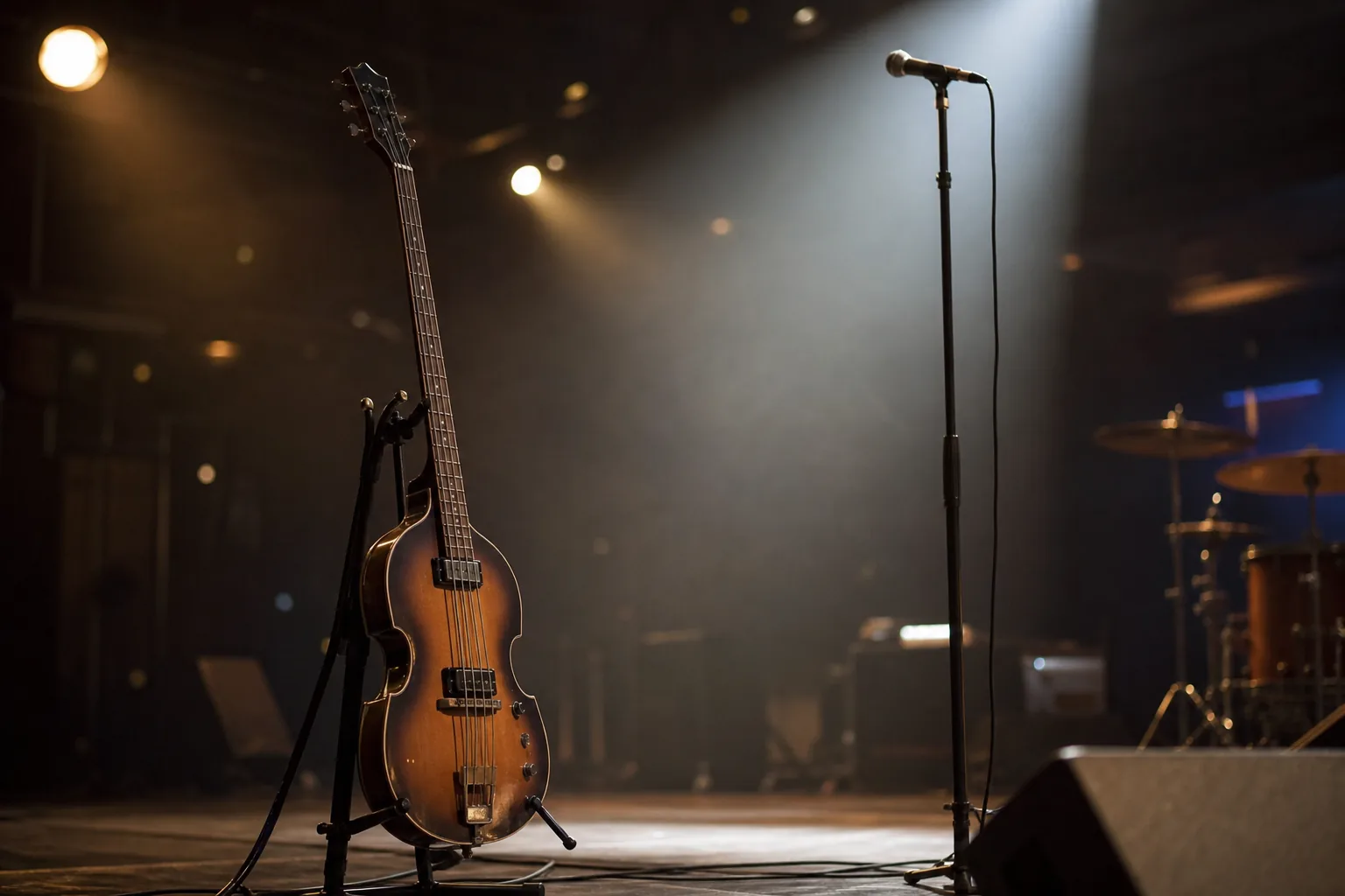 Symbolbild: Ein Bass und ein Mikrofon auf einer leeren Bühne stehen für eine lange Karriere in der Popmusik.