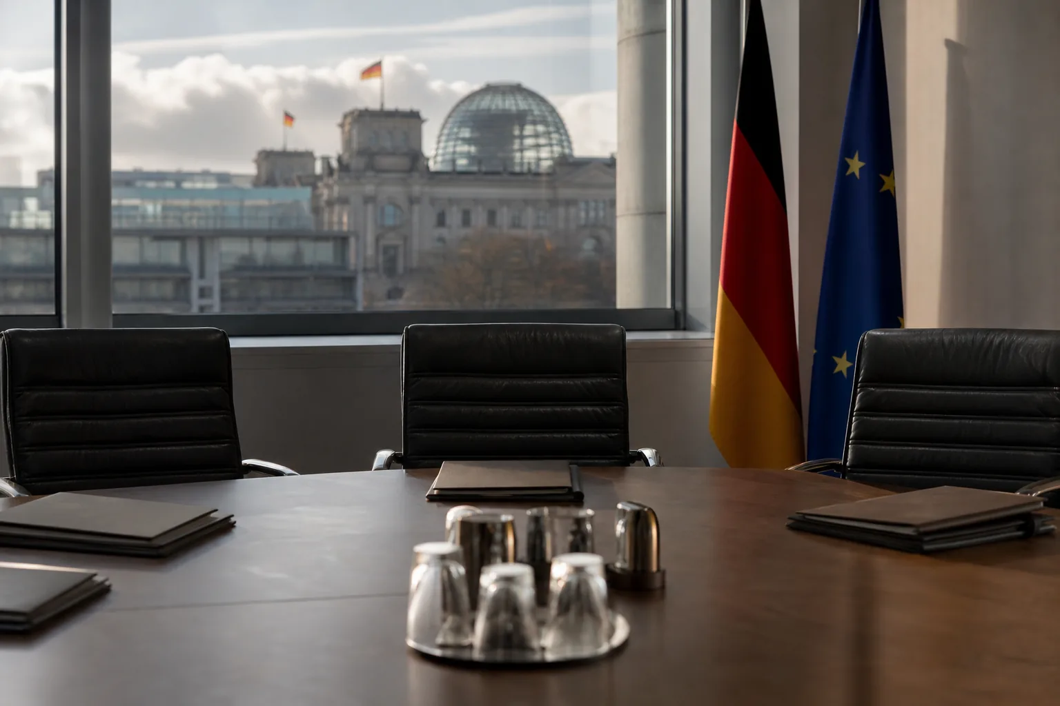 Symbolbild: Ein leerer Verhandlungstisch steht für die schwierigen Gespräche über ein mögliches Berliner Regierungsbündnis.