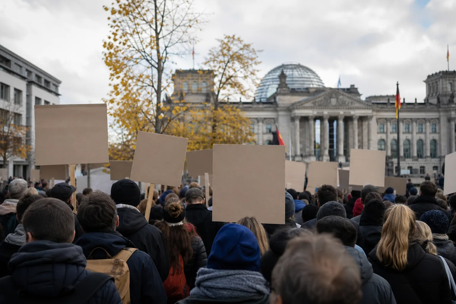 Symbolbild: Demonstrierende auf einem deutschen Platz fordern politische Entscheidungen ein.