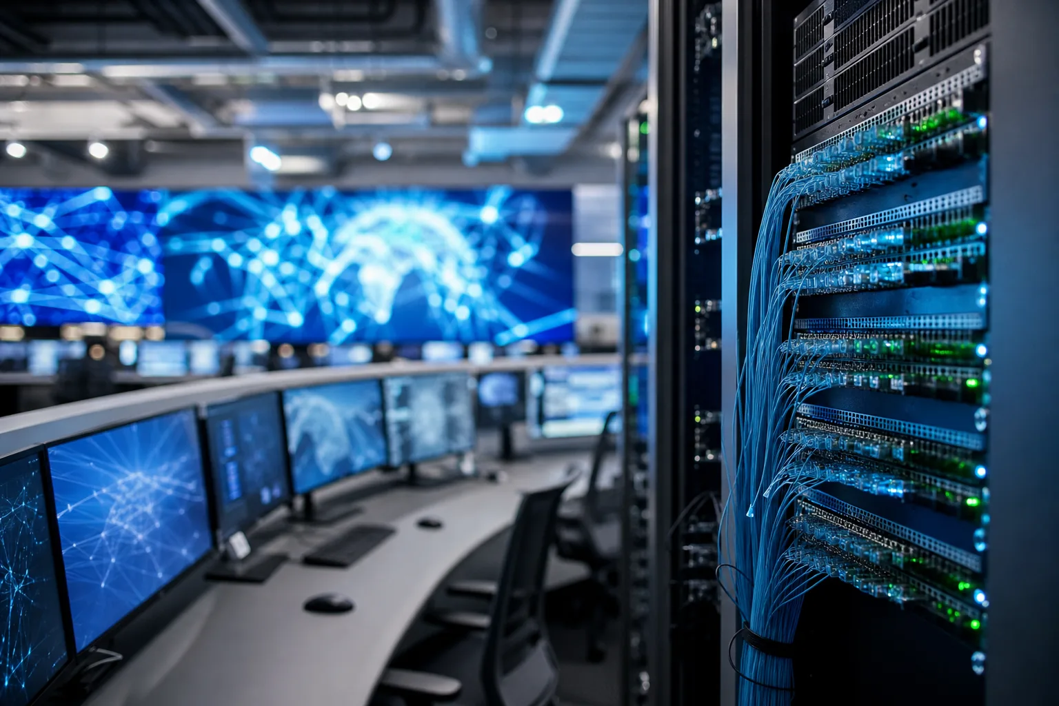 Symbolbild: Ein vernetzter Leitstand steht für den Einsatz von Künstlicher Intelligenz in Telekommunikationsnetzen.