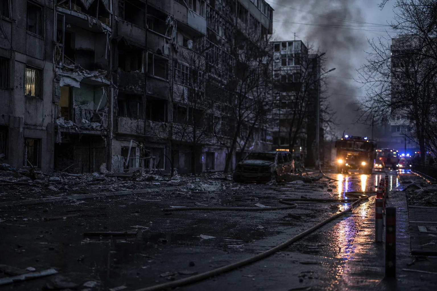 Symbolbild: Eine ukrainische Stadt nach nächtlichen Angriffen mit beschädigten Wohnhäusern und Einsatzlichtern.