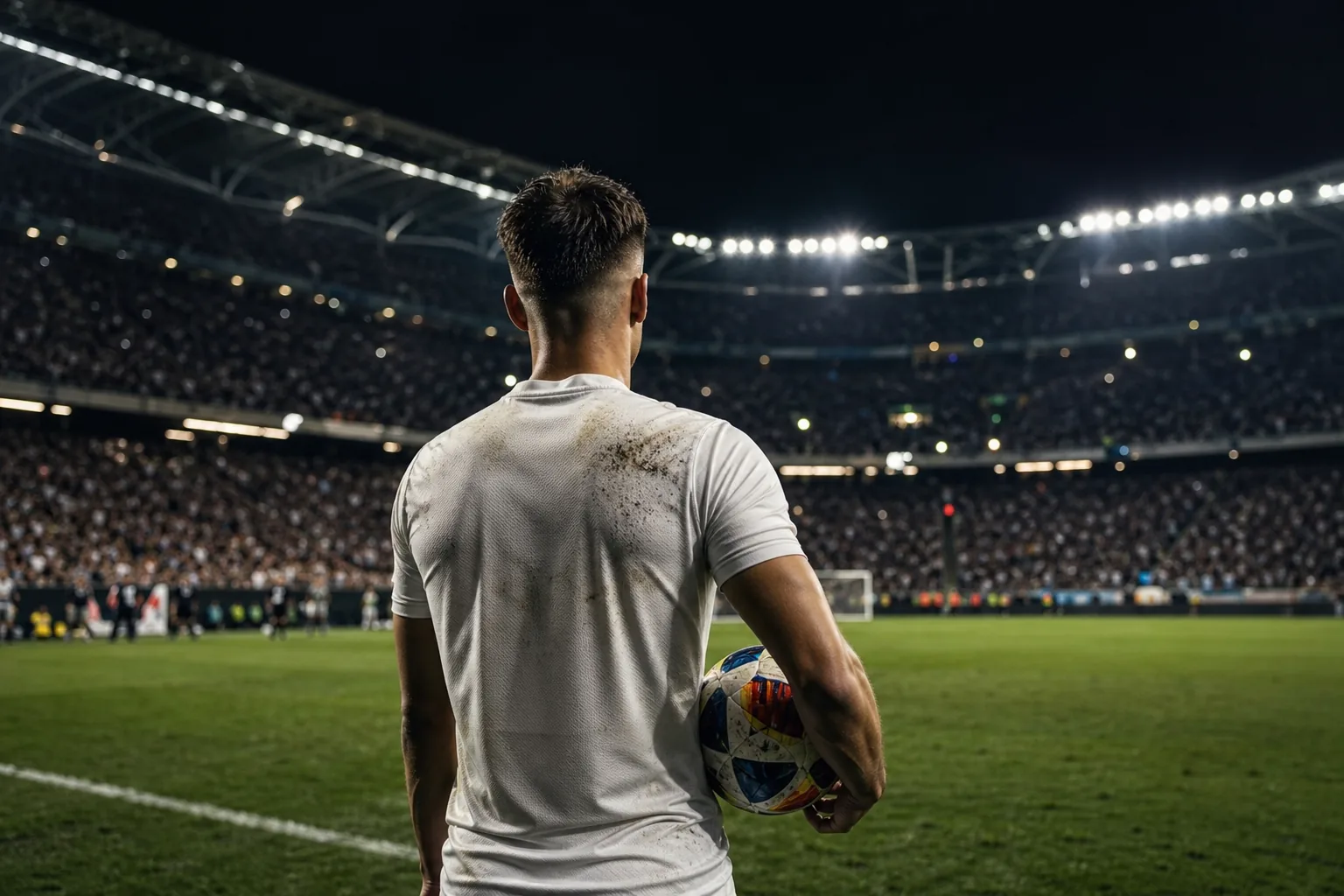 Symbolbild: Ein Fußballer steht nach einem Abendspiel mit dem Ball im Stadionflutlicht.