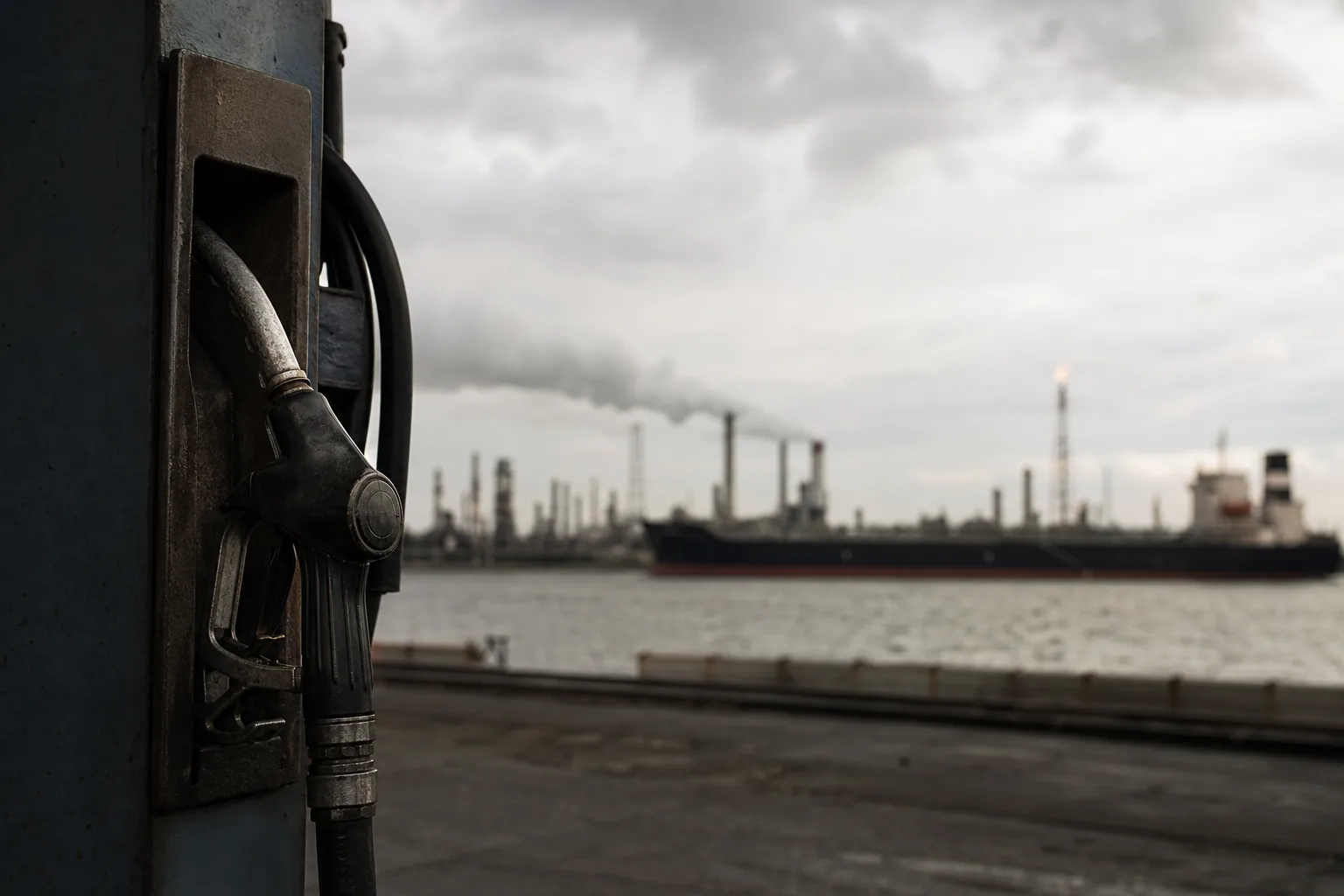 Symbolbild: Eine Dieselzapfsäule vor Industrieanlagen und einem Tankschiff steht für die energiepolitische Dimension des Deals.