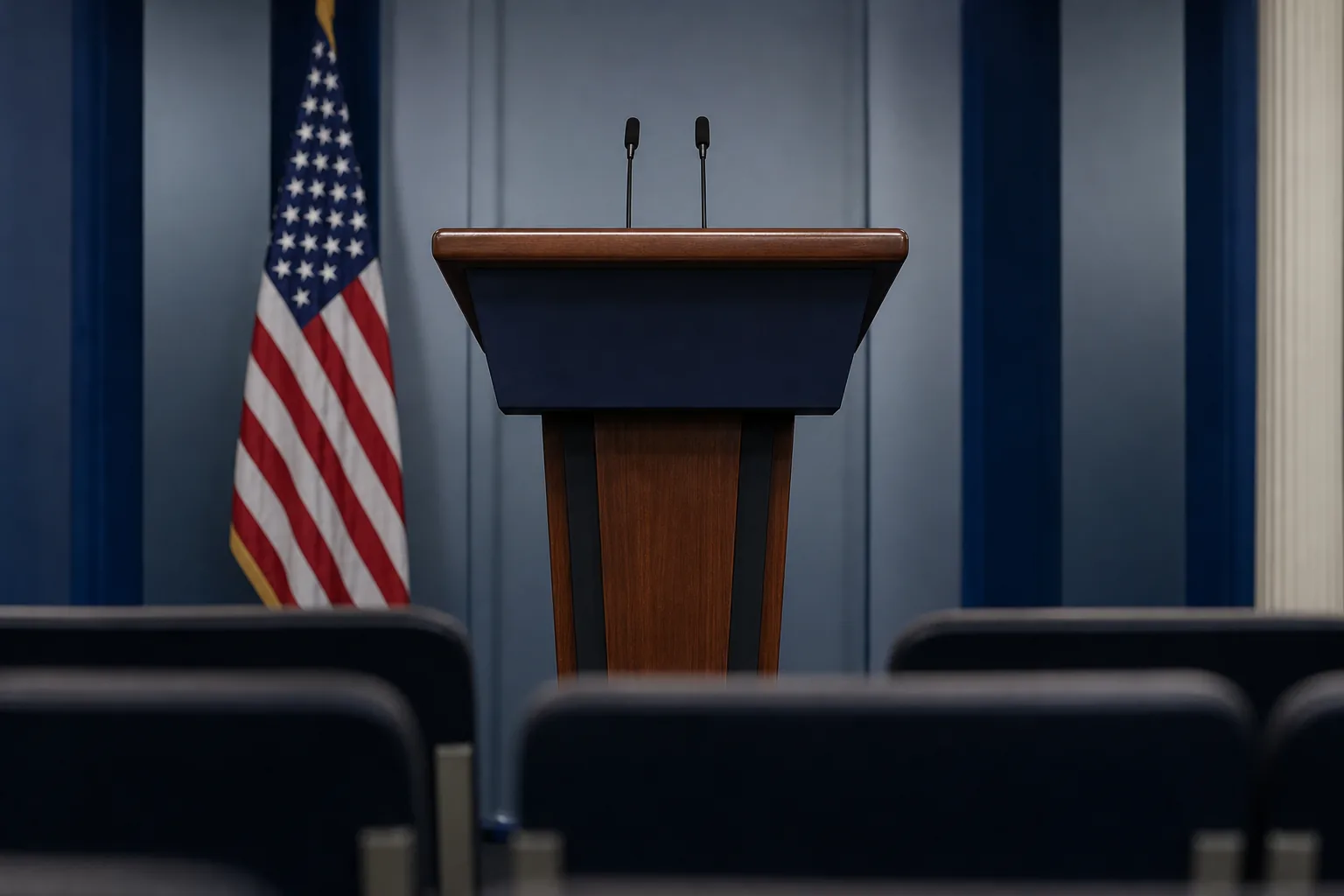 Symbolbild: Ein leerer Presseraum steht für den abrupten Wechsel auf dem Sprecherposten im Weißen Haus.