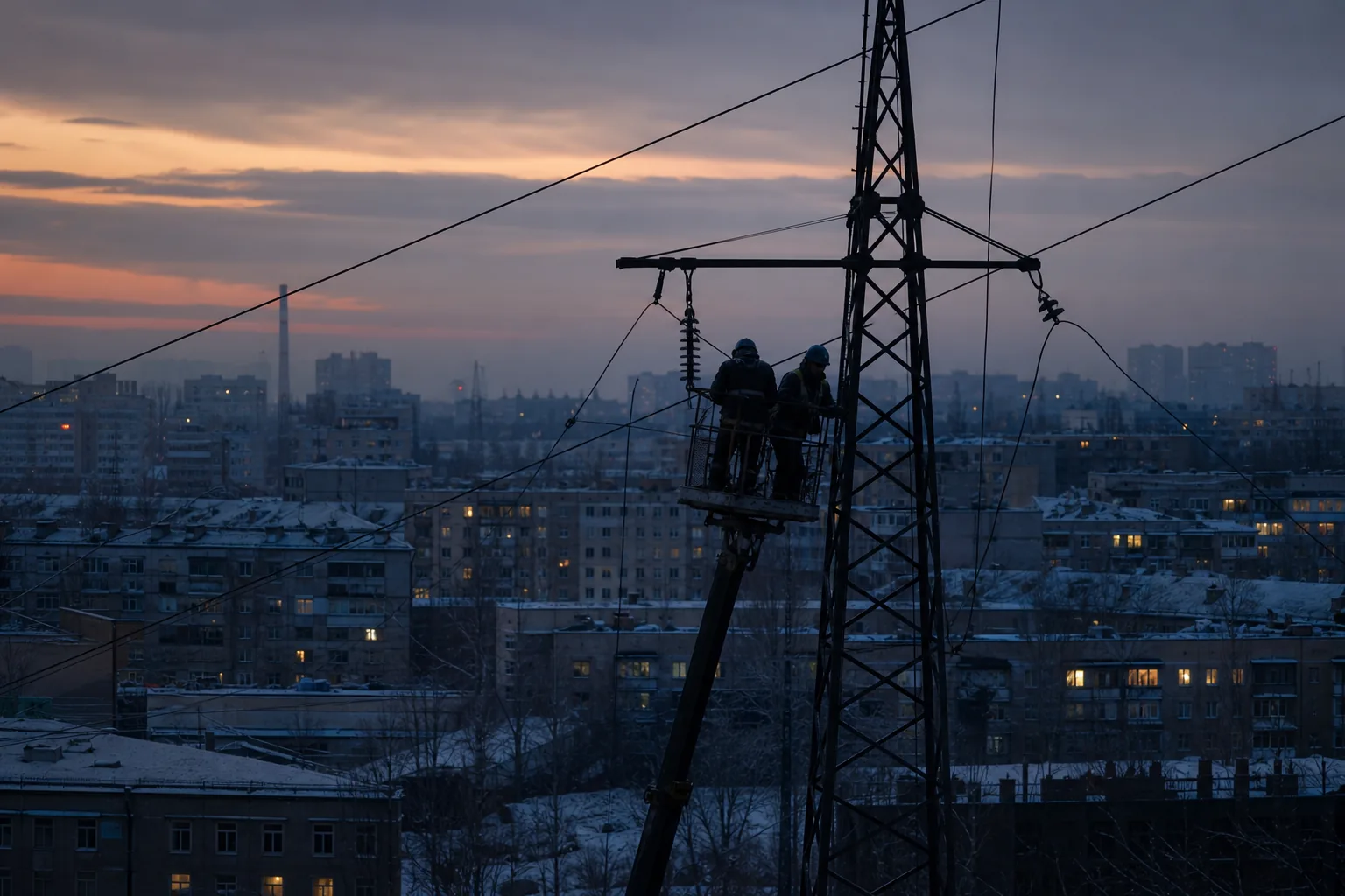 Symbolbild: Eine ukrainische Stadt im Winterdämmerlicht steht für Stromausfälle und beschädigte Energieversorgung.