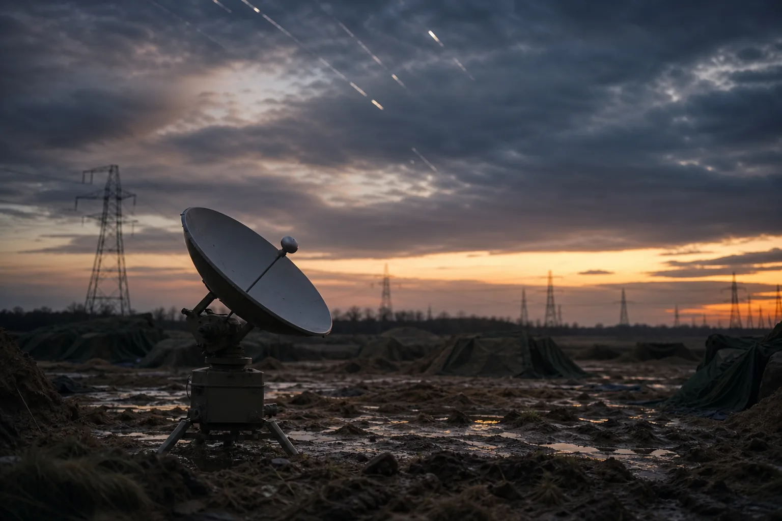 Symbolbild: Eine Satellitenschüssel steht in einer angespannten Frontumgebung bei Dämmerung.