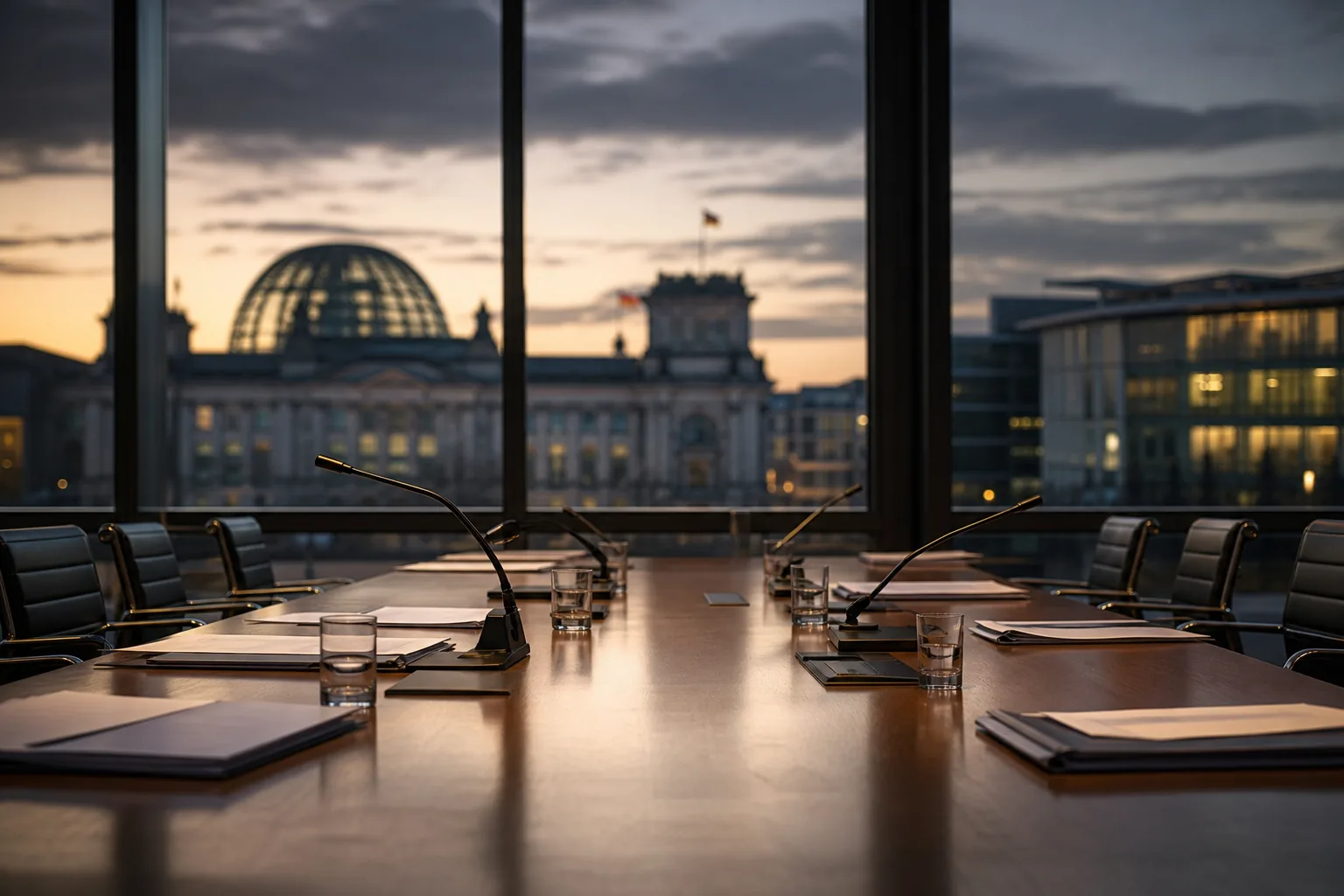 Symbolbild: Ein leerer Verhandlungstisch steht für die angespannten Koalitionsdebatten in Berlin.