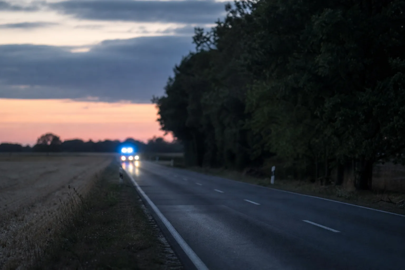 Symbolbild: Eine Landstraße in Brandenburg bei Dämmerung mit Einsatzlicht im Hintergrund.