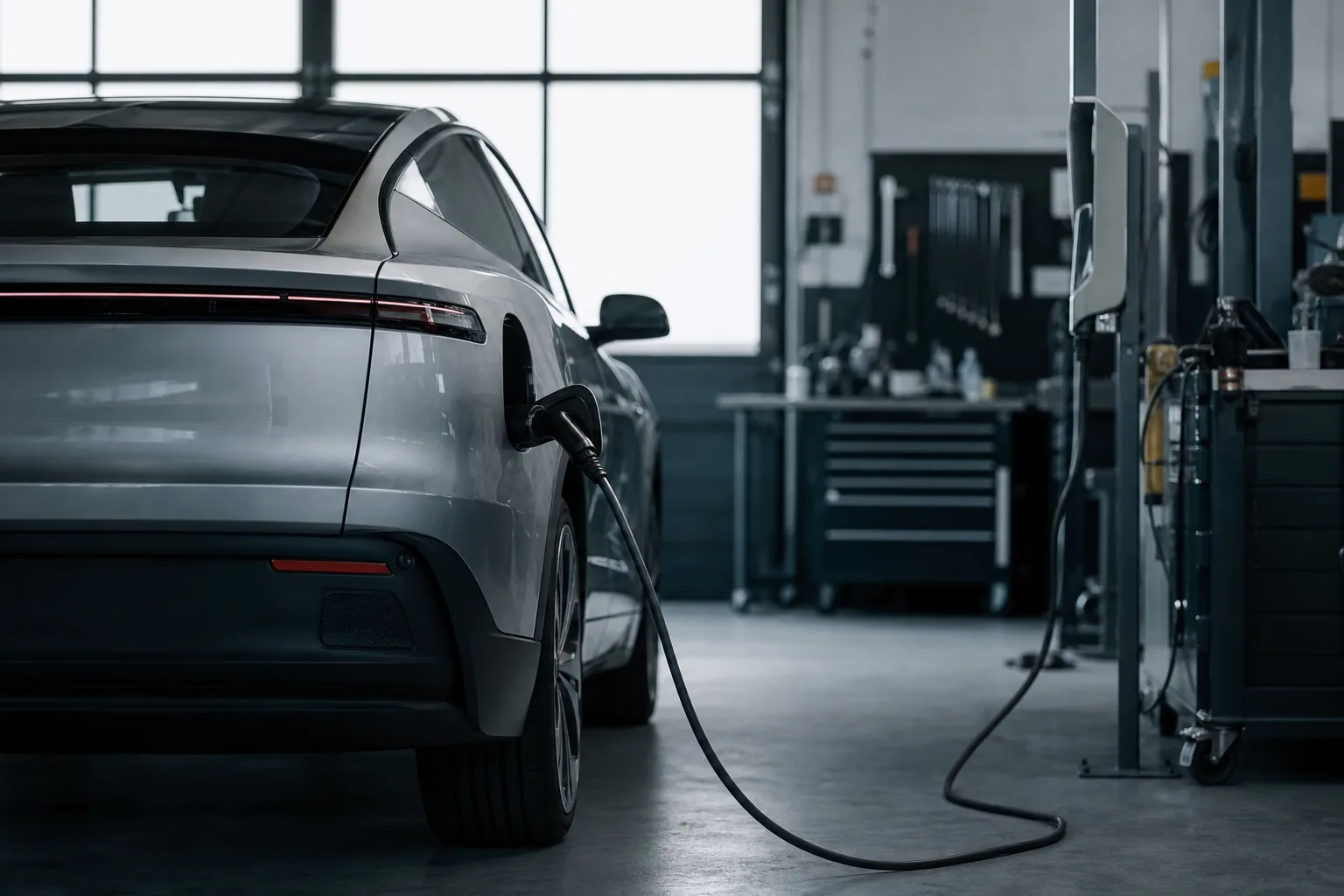 Symbolbild: Ein Elektroauto in einer Werkstatt steht für technische Prüfungen und Rückrufaktionen.
