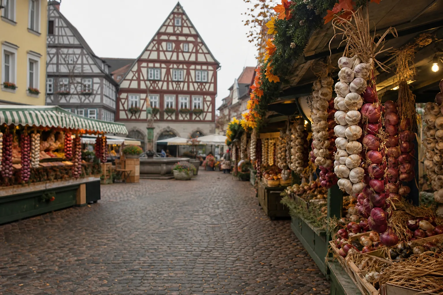Symbolbild: Ein herbstlicher Markt in einer historischen Innenstadt erinnert an den Weimarer Zwiebelmarkt.