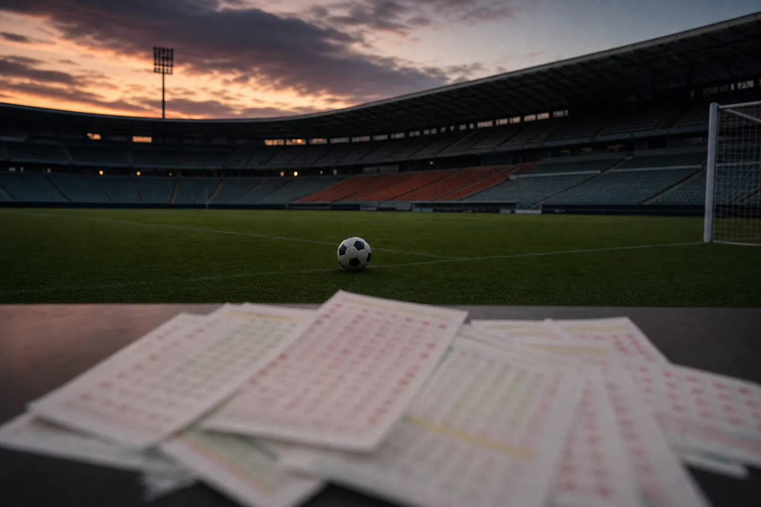 Symbolbild: Ein leerer Fußballplatz und anonyme Wettscheine stehen für den Skandal im türkischen Fußball.
