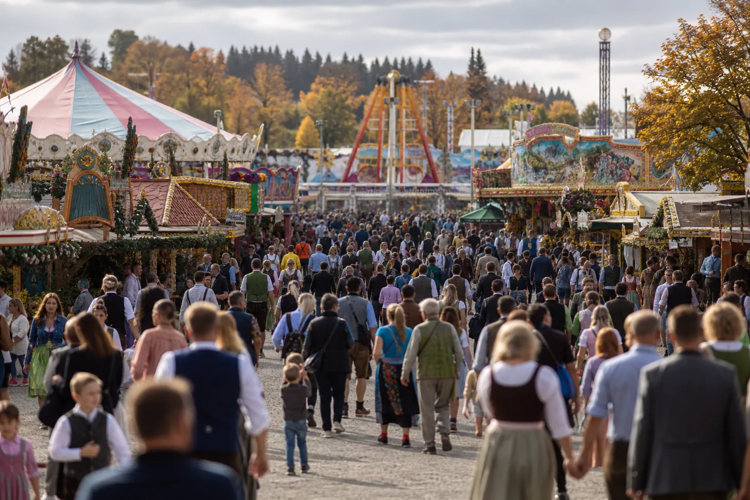 Symbolbild: Dichtes Gedränge auf einem großen Volksfestgelände mit Zelten und Fahrgeschäften.