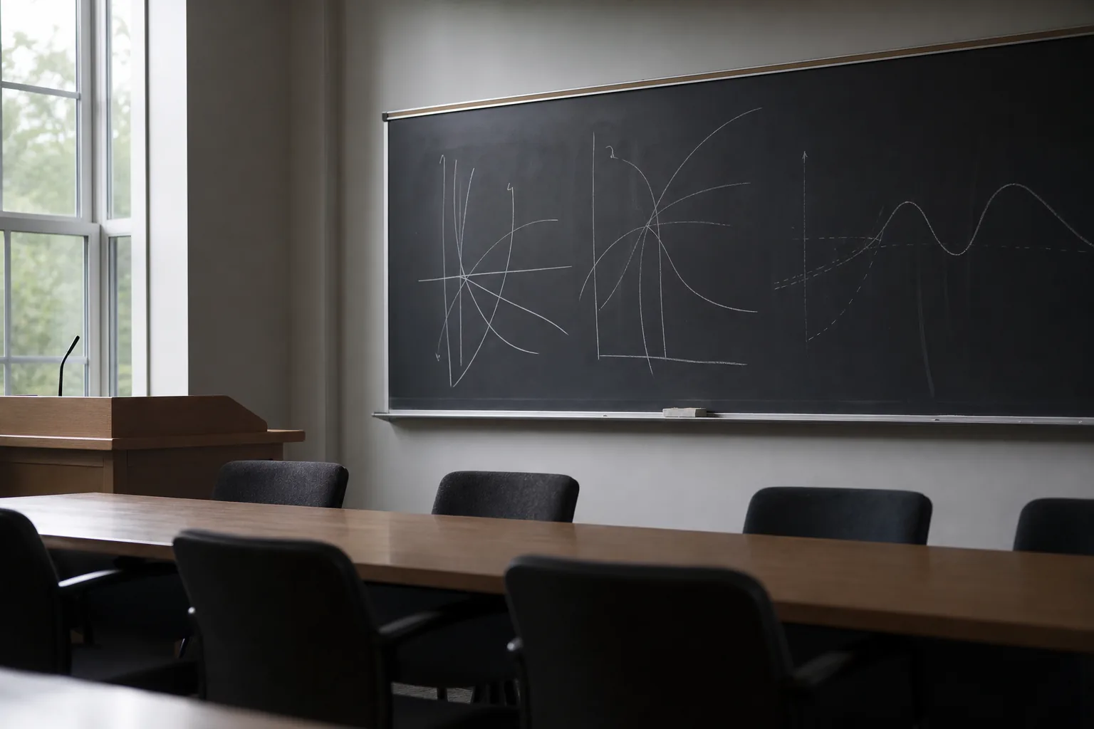 Symbolbild: Eine leere Seminarumgebung steht für makroökonomische Forschung und wirtschaftliche Modelle.