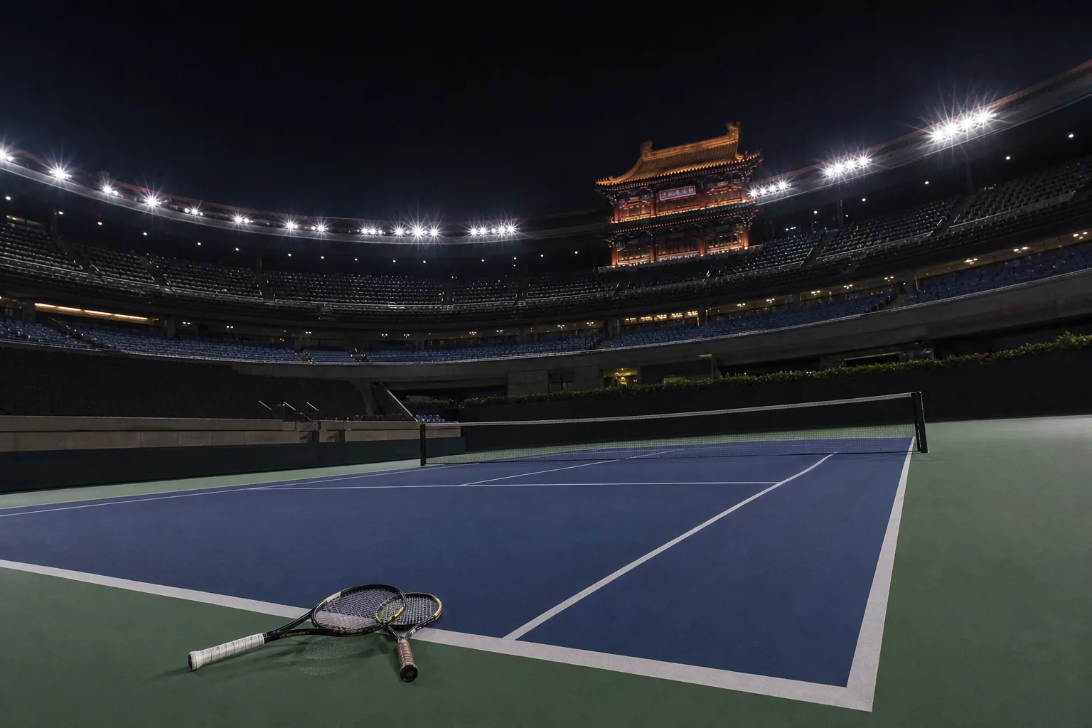 Symbolbild: Ein beleuchteter Tennisplatz steht für das Viertelfinale in Peking.