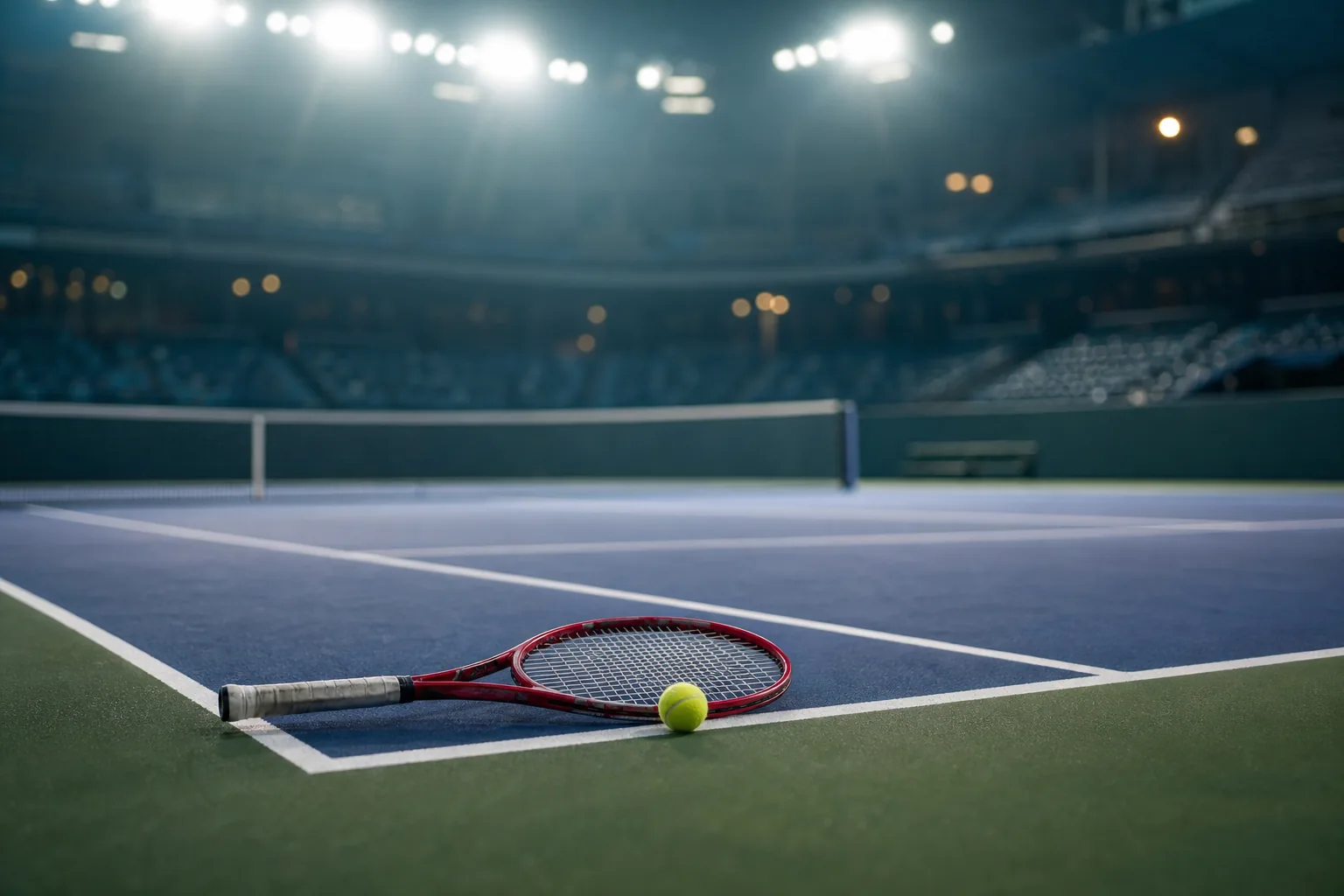 Symbolbild: Ein Tennisplatz unter Flutlicht steht für Zverevs Aufstieg an die Spitze der Weltrangliste.