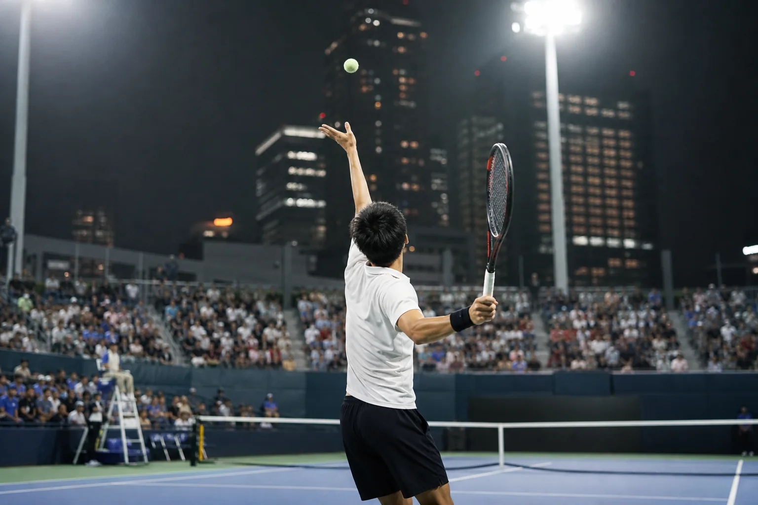 Symbolbild: Ein Tennisspieler auf einem beleuchteten Hartplatz steht für Zverevs Auftritt beim Masters in Shanghai.