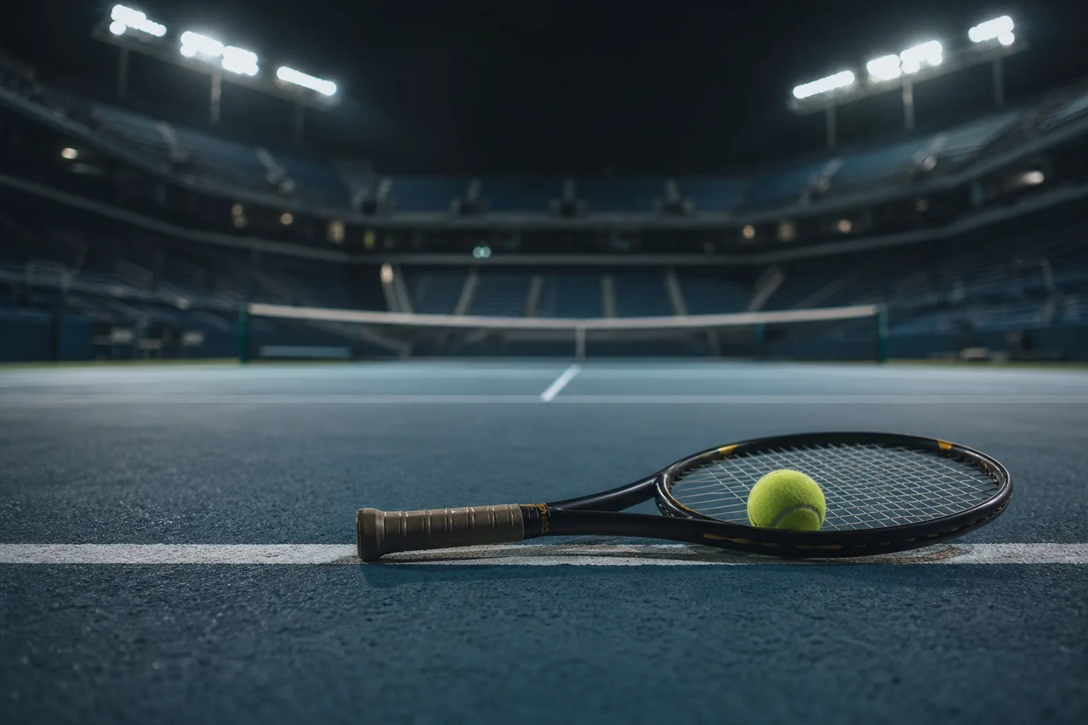 Symbolbild: Ein Tennisschläger und ein Ball auf einem beleuchteten Hartplatz stehen für Zverevs bevorstehenden Sprung an die Weltspitze.